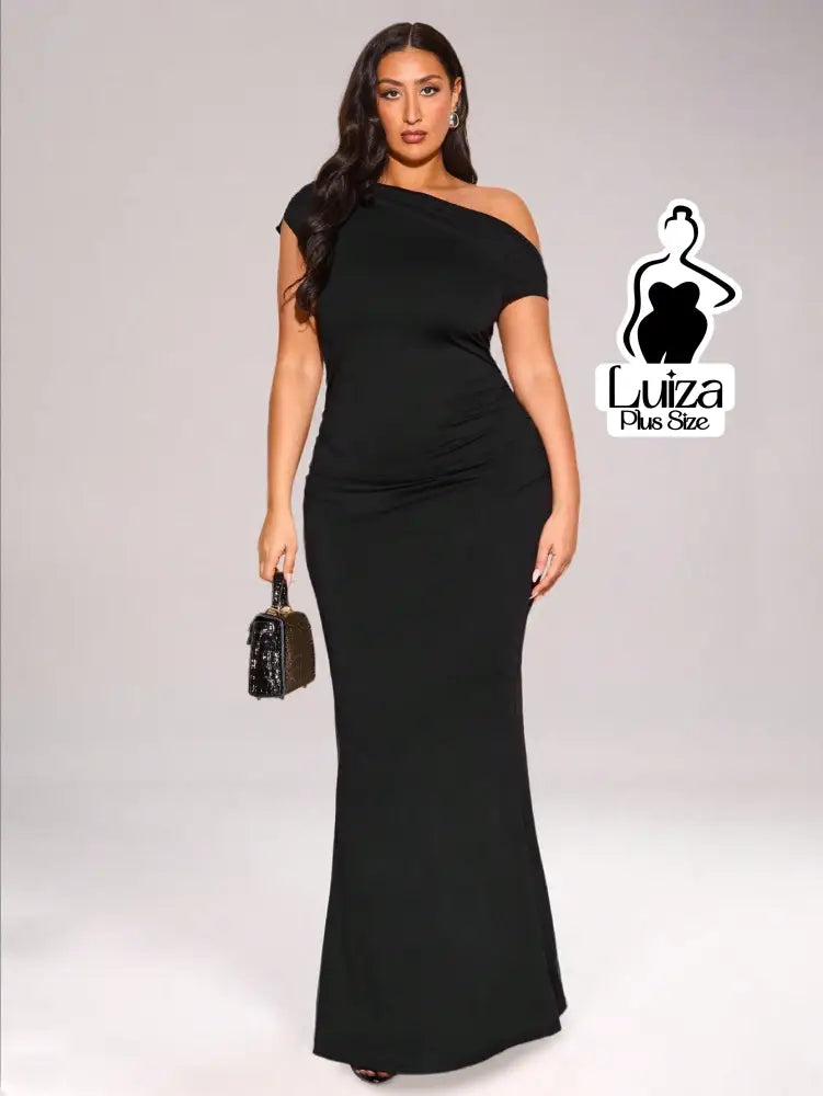 Vestido Longo Um Ombro Só Detalhe Assimétrico Plus Size Preto / G Vestido Longo Um Ombro Só Detalhe Assimétrico Plus