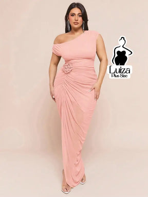 Vestido Longo Um Ombro Só Drapeado Detalhe Floral Plus Size Rosa / G Vestido Longo Um Ombro Só Drapeado Detalhe Floral
