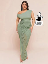 Vestido Longo Um Ombro Só Drapeado Detalhe Floral Plus Size Verde Menta / G Vestido Longo Um Ombro Só Drapeado Detalhe
