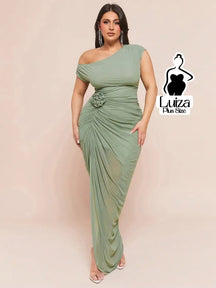 Vestido Longo Um Ombro Só Drapeado Detalhe Floral Plus Size Verde Menta / G Vestido Longo Um Ombro Só Drapeado Detalhe
