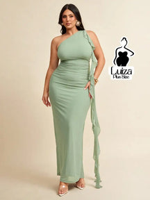 Vestido Longo Um Ombro Só Drapeado Faixa Lateral Plus Size Verde / G Vestido Longo Um Ombro Só Drapeado Faixa Lateral