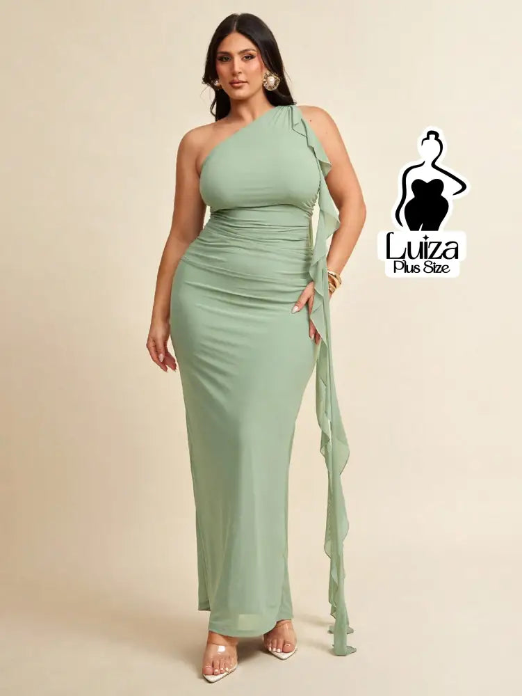 Vestido Longo Um Ombro Só Drapeado Faixa Lateral Plus Size Verde / G Vestido Longo Um Ombro Só Drapeado Faixa Lateral