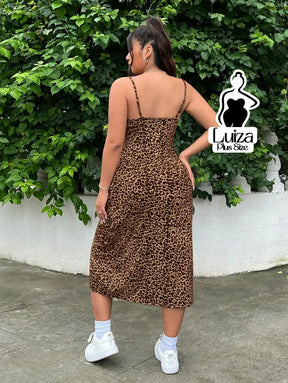 Vestido Midi Animal Print Alças Finas Fenda Lateral Plus Size Vestido Midi Animal Print Alças Finas Fenda Lateral Plus
