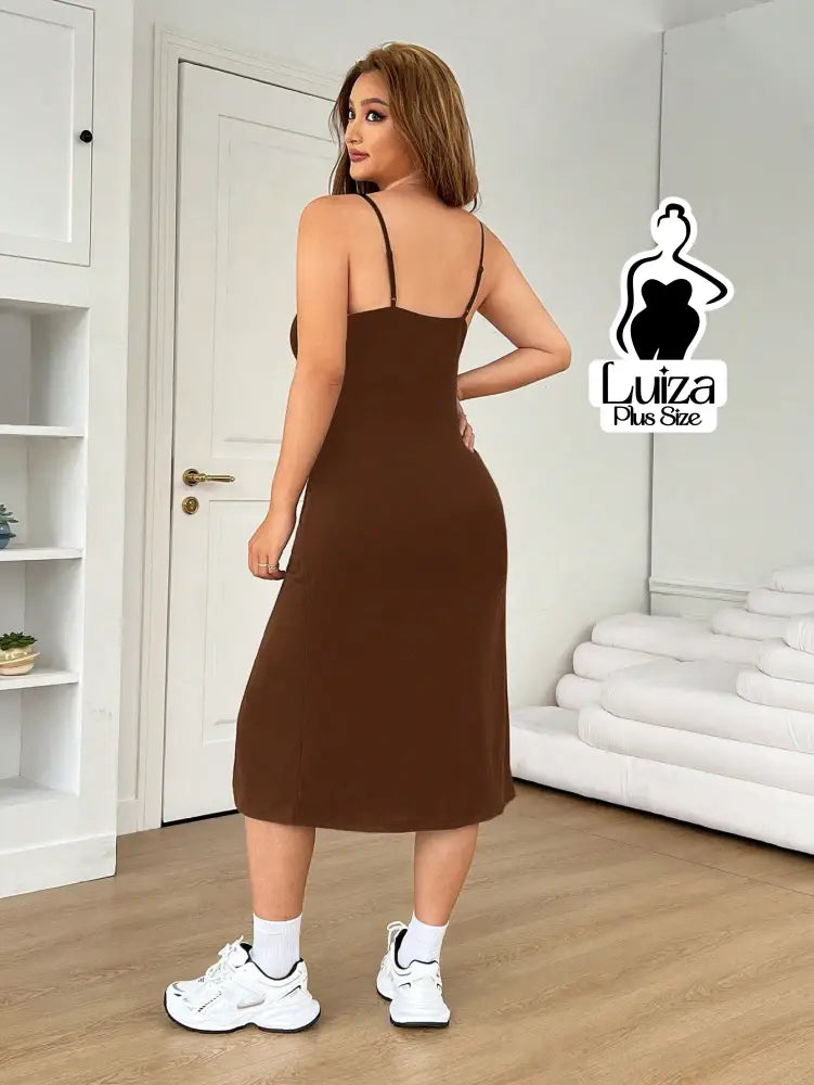 Vestido Midi Animal Print Alças Finas Fenda Lateral Plus Size Vestido Midi Animal Print Alças Finas Fenda Lateral Plus