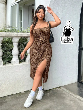 Vestido Midi Animal Print Alças Finas Fenda Lateral Plus Size Castanho / G Vestido Midi Animal Print Alças Finas Fenda