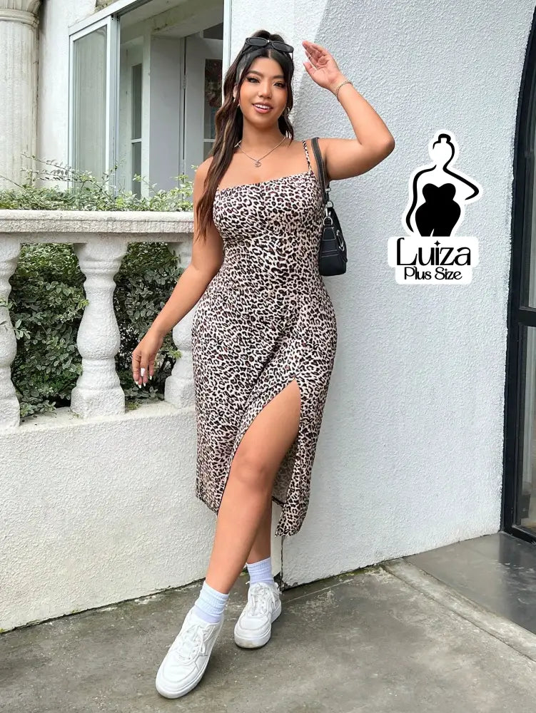 Vestido Midi Animal Print Alças Finas Fenda Lateral Plus Size Marrom / G Vestido Midi Animal Print Alças Finas Fenda