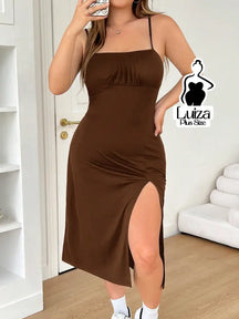 Vestido Midi Animal Print Alças Finas Fenda Lateral Plus Size Marsala / G Vestido Midi Animal Print Alças Finas Fenda