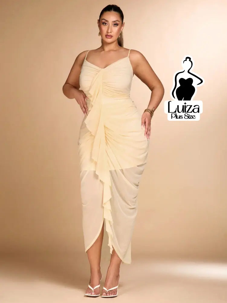 Vestido Midi Animal Print Babado Central Fenda Plus Size Vestido Midi Animal Print Babado Central Fenda Plus Size