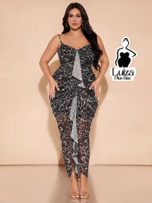 Vestido Midi Animal Print Babado Central Fenda Plus Size Chumbo / G Vestido Midi Animal Print Babado Central Fenda Plus
