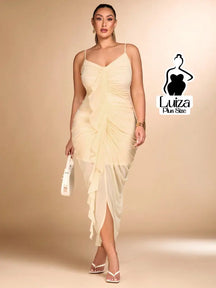 Vestido Midi Animal Print Babado Central Fenda Plus Size Damasco / G Vestido Midi Animal Print Babado Central Fenda