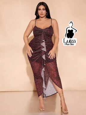 Vestido Midi Animal Print Babado Central Fenda Plus Size Vinho / G Vestido Midi Animal Print Babado Central Fenda Plus