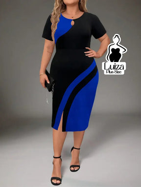 Vestido Midi Bicolor Manga Curta Detalhe Em Argola Plus Size Vestido Midi Bicolor Manga Curta Detalhe Em Argola Plus