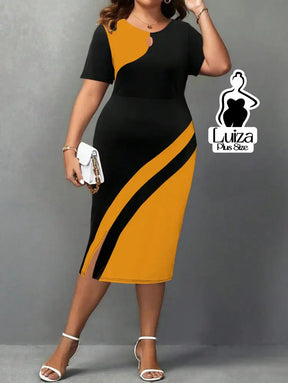 Vestido Midi Bicolor Manga Curta Detalhe Em Argola Plus Size Vestido Midi Bicolor Manga Curta Detalhe Em Argola Plus