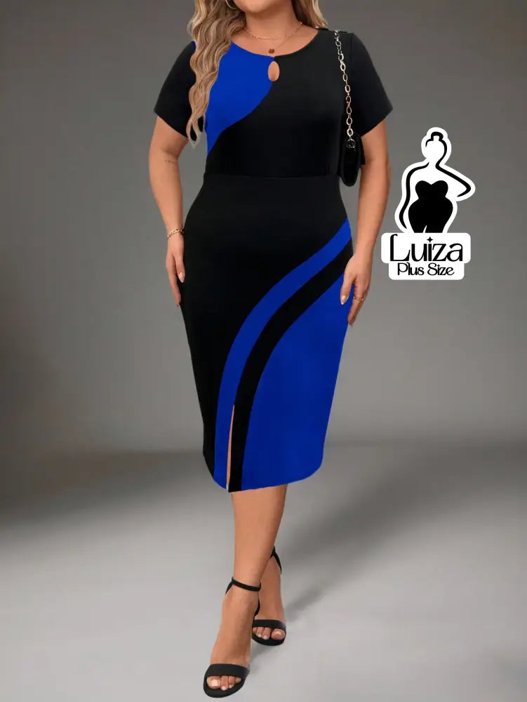 Vestido Midi Bicolor Manga Curta Detalhe Em Argola Plus Size Vestido Midi Bicolor Manga Curta Detalhe Em Argola Plus