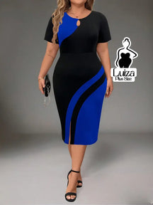 Vestido Midi Bicolor Manga Curta Detalhe Em Argola Plus Size Azul-Marinho / G Vestido Midi Bicolor Manga Curta Detalhe
