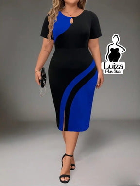 Vestido Midi Bicolor Manga Curta Detalhe Em Argola Plus Size Azul-Marinho / G Vestido Midi Bicolor Manga Curta Detalhe
