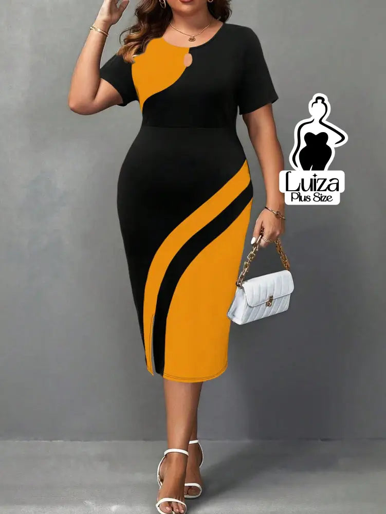 Vestido Midi Bicolor Manga Curta Detalhe Em Argola Plus Size Laranja / G Vestido Midi Bicolor Manga Curta Detalhe Em
