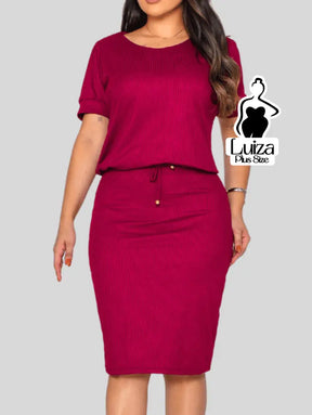 Vestido Midi Canelado Amarração Na Cintura Plus Size Vestido Midi Canelado Amarração Na Cintura Plus Size