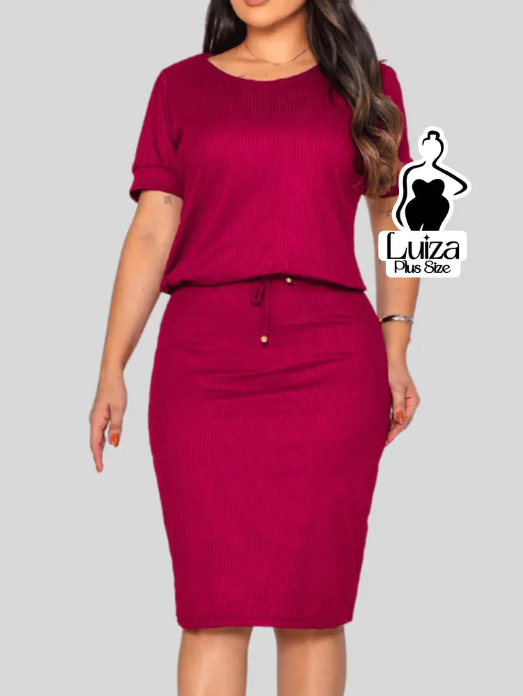 Vestido Midi Canelado Amarração Na Cintura Plus Size Vestido Midi Canelado Amarração Na Cintura Plus Size