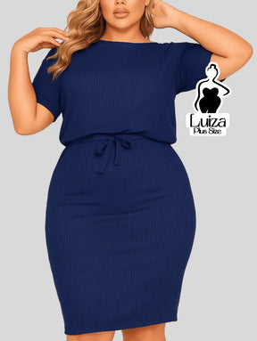 Vestido Midi Canelado Amarração Na Cintura Plus Size Vestido Midi Canelado Amarração Na Cintura Plus Size