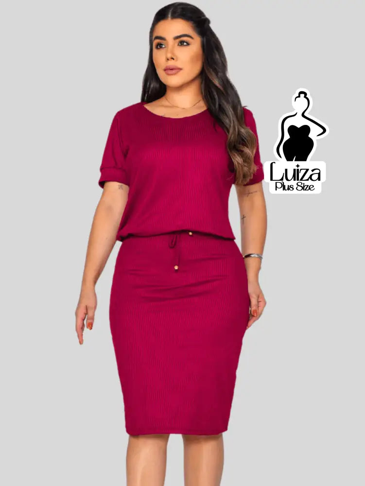Vestido Midi Canelado Amarração Na Cintura Plus Size Marsala / G Vestido Midi Canelado Amarração Na Cintura Plus Size