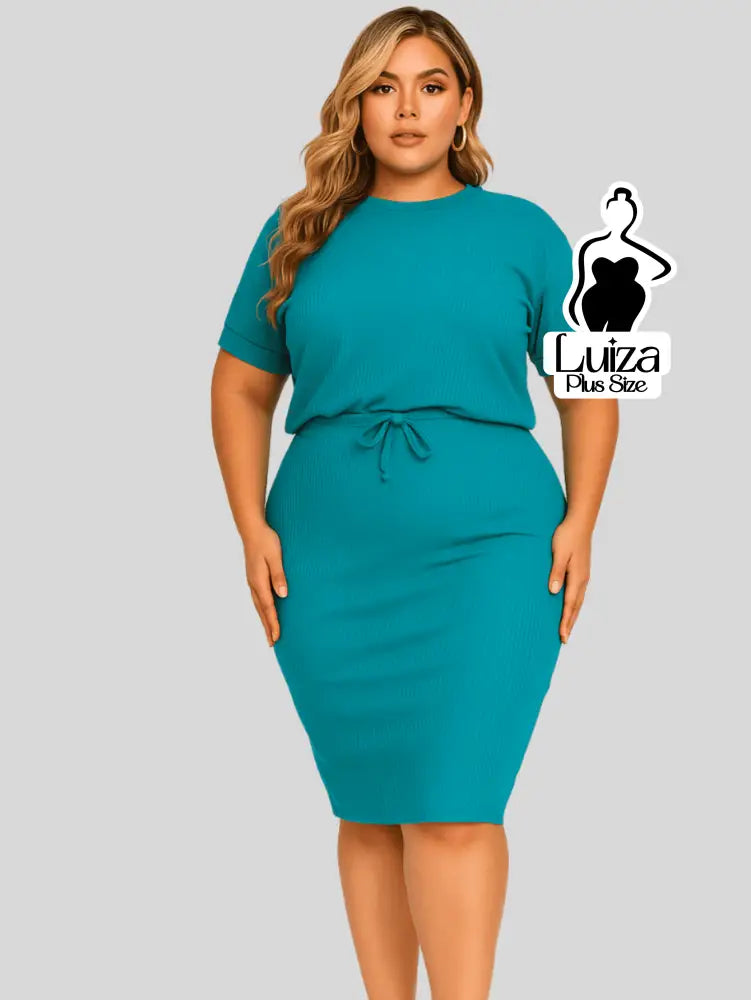 Vestido Midi Canelado Amarração Na Cintura Plus Size Verde Menta / G Vestido Midi Canelado Amarração Na Cintura Plus