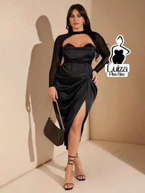 Vestido Midi Corset Manga Tule Fenda Lateral Plus Size Vestido Midi Corset Manga Tule Fenda Lateral Plus Size