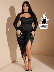 Vestido Midi Corset Manga Tule Fenda Lateral Plus Size Preto / G Vestido Midi Corset Manga Tule Fenda Lateral Plus Size