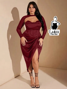 Vestido Midi Corset Manga Tule Fenda Lateral Plus Size Vinho / G Vestido Midi Corset Manga Tule Fenda Lateral Plus Size