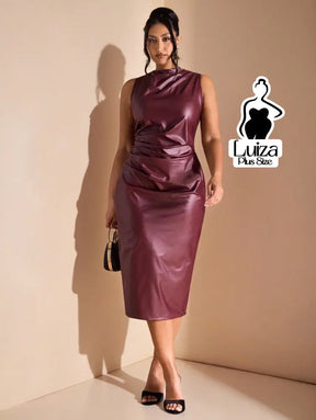 Vestido Midi Couro Sintético Drapeado Na Cintura Plus Size Roxo Escuro / G Vestido Midi Couro Sintético Drapeado Na