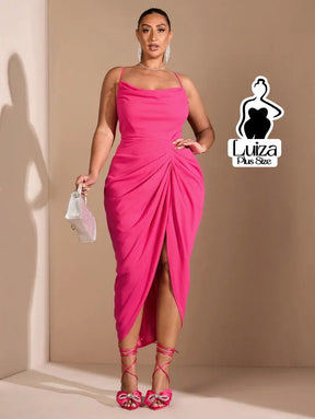 Vestido Midi Decote Drapeado Fenda Frontal Elegante Plus Size Vestido Midi Decote Drapeado Fenda Frontal Elegante Plus