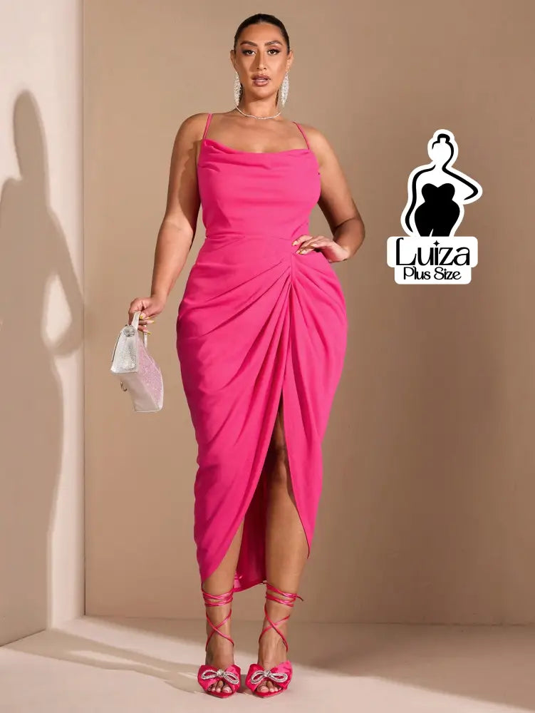 Vestido Midi Decote Drapeado Fenda Frontal Elegante Plus Size Vestido Midi Decote Drapeado Fenda Frontal Elegante Plus