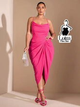 Vestido Midi Decote Drapeado Fenda Frontal Elegante Plus Size Rosa Choque / G Vestido Midi Decote Drapeado Fenda