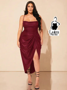 Vestido Midi Drapeado Fenda Frontal Elegante Plus Size Vinho / G Vestido Midi Drapeado Fenda Frontal Elegante Plus Size