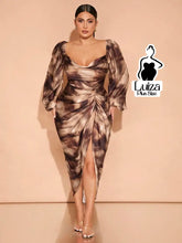 Vestido Midi Estampado Manga Bufante Fenda Frontal Plus Size Chocolate / G Vestido Midi Estampado Manga Bufante Fenda