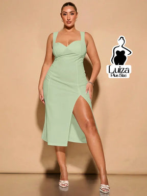 Vestido Midi Fenda Lateral Alças Largas Elegante Plus Size Verde Menta / G Vestido Midi Fenda Lateral Alças Largas