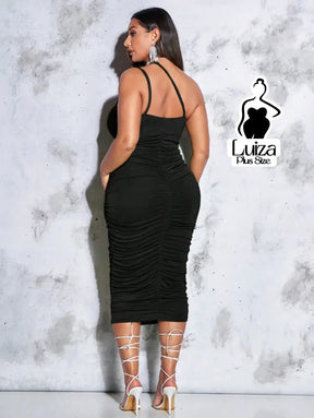 Vestido Midi Justo Alças Finas Drapeado Elegante Plus Size Vestido Midi Justo Alças Finas Drapeado Elegante Plus Size