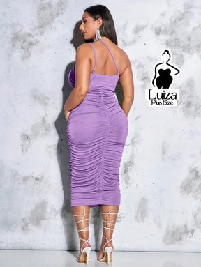 Vestido Midi Justo Alças Finas Drapeado Elegante Plus Size Vestido Midi Justo Alças Finas Drapeado Elegante Plus Size
