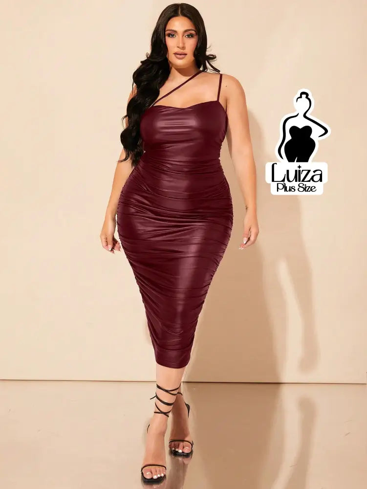 Vestido Midi Justo Couro Sintético Drapeado Plus Size Vinho / G Vestido Midi Justo Couro Sintético Drapeado Plus Size