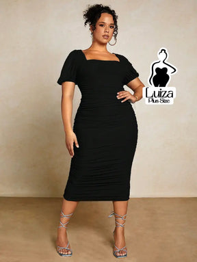 Vestido Midi Justo Decote Quadrado Manga Bufante Plus Size Vestido Midi Justo Decote Quadrado Manga Bufante Plus Size