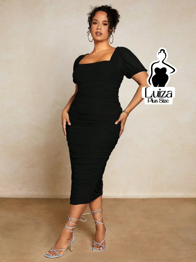 Vestido Midi Justo Decote Quadrado Manga Bufante Plus Size Preto / G Vestido Midi Justo Decote Quadrado Manga Bufante