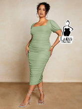 Vestido Midi Justo Decote Quadrado Manga Bufante Plus Size Verde Menta / G Vestido Midi Justo Decote Quadrado Manga