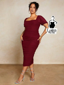 Vestido Midi Justo Decote Quadrado Manga Bufante Plus Size Vinho / G Vestido Midi Justo Decote Quadrado Manga Bufante