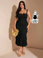 Vestido Midi Justo Detalhe Drapeado Saia Plissada Plus Size Preto / G Vestido Midi Justo Detalhe Drapeado Saia Plissada