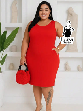 Vestido Midi Justo Sem Mangas Decote Quadrado Plus Size Vestido Midi Justo Sem Mangas Decote Quadrado Plus Size