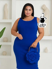Vestido Midi Justo Sem Mangas Decote Quadrado Plus Size Azul / G Vestido Midi Justo Sem Mangas Decote Quadrado Plus Size