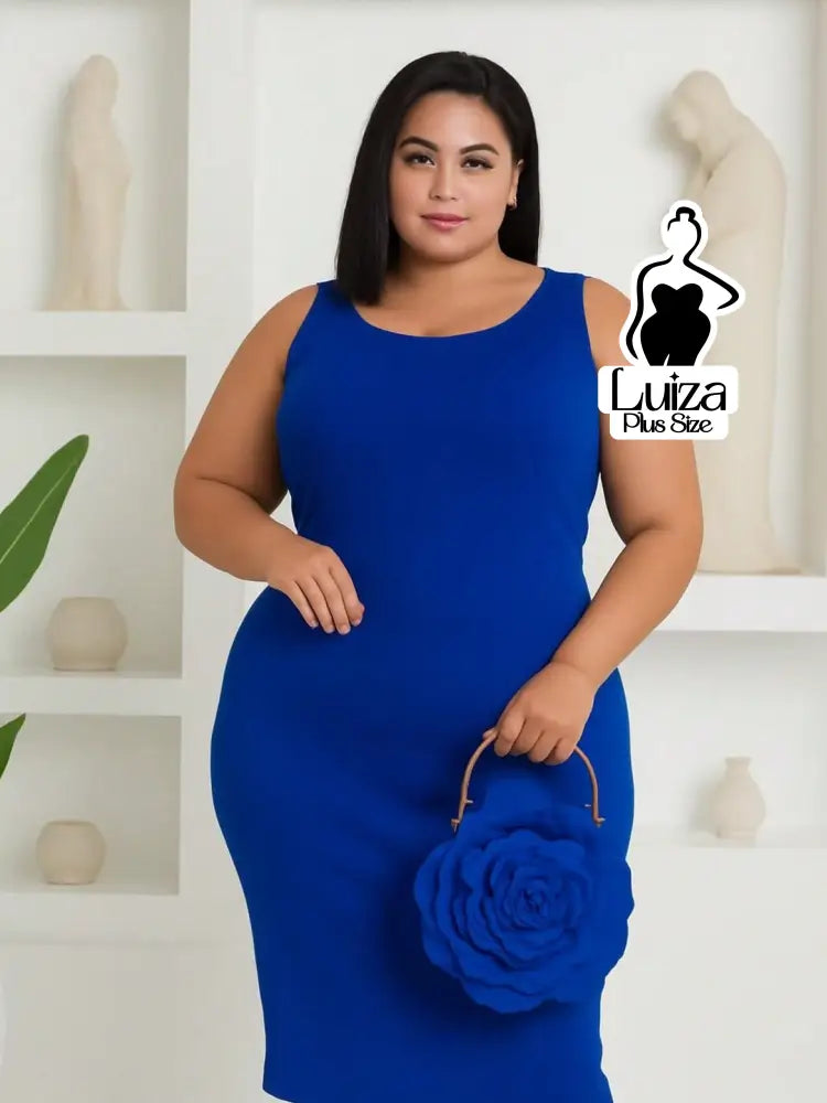 Vestido Midi Justo Sem Mangas Decote Quadrado Plus Size Azul / G Vestido Midi Justo Sem Mangas Decote Quadrado Plus Size