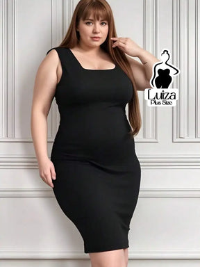Vestido Midi Justo Sem Mangas Decote Quadrado Plus Size Preto / G Vestido Midi Justo Sem Mangas Decote Quadrado Plus