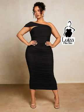 Vestido Midi Justo Um Ombro Só Efeito Drapeado Plus Size Vestido Midi Justo Um Ombro Só Efeito Drapeado Plus Size
