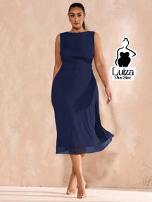Vestido Midi Minimalista Sem Mangas Elegante Plus Size Azul-Marinho / G Vestido Midi Minimalista Sem Mangas Elegante
